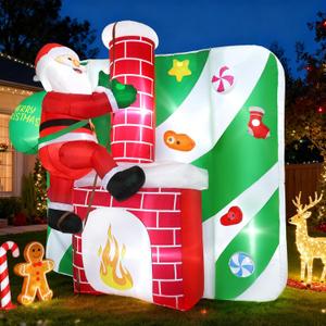 Christmas Santa Claus Inflatables Outdoor, 8FT Inflatable Santa Claus Climbing The Chimney with Gift Bag, Xmas Blow up Yard Decorations with Built-in LED Lights for Indoor Outdoor Home Garden Lawn