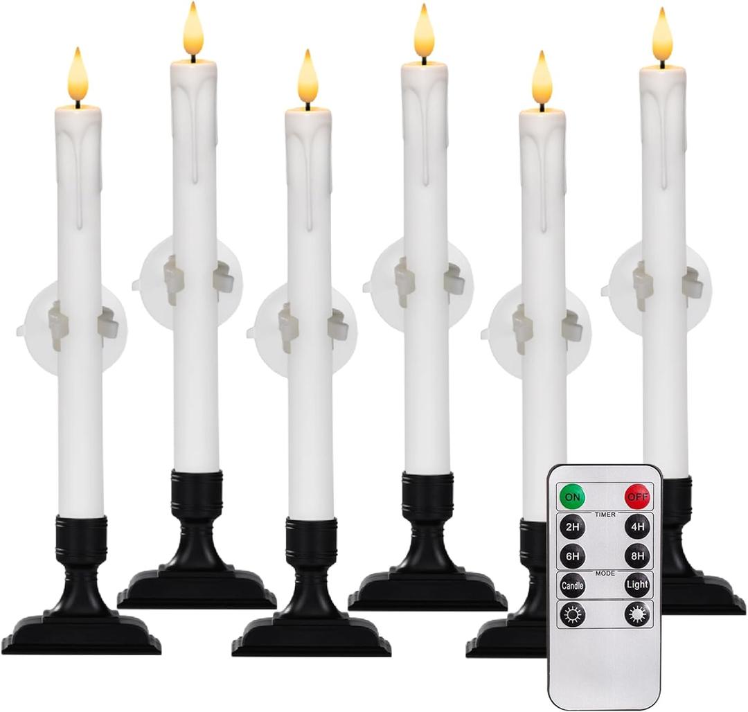 Homemory 6 Pcs Window Candles with Remote Timer Dimmer, Battery Operated Candlesticks with Holders and Suctions, White LED Christmas Candle for Window Xmas Holiday Decor