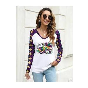 Mardi Gras Shirts for Women: Tuesday Shirt Funny Mask Graphic Tee Carnival Long Sleeve Shirt New Orleans Party V Neck Top XL