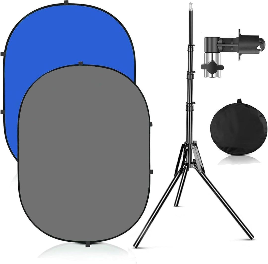 3.3x5ft/1x1.5m Chromakey Blue Grey Backdrop with 6.23ft Stand, 2-in-1 Blue Screen and Grey Screen Collapsible Reversible Pop-Up Background Panel for Photography, Live Streaming, Video Shooting