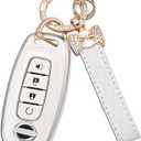 Key Fob Cover for Nissan - 4 Buttons Soft TPU Key Fob Case for 2023 2024 Pathfinder Rogue Versa kicks 2025 Sentra Patrol Armada Full Protection Car Key Cover with Bling Keychain (White)