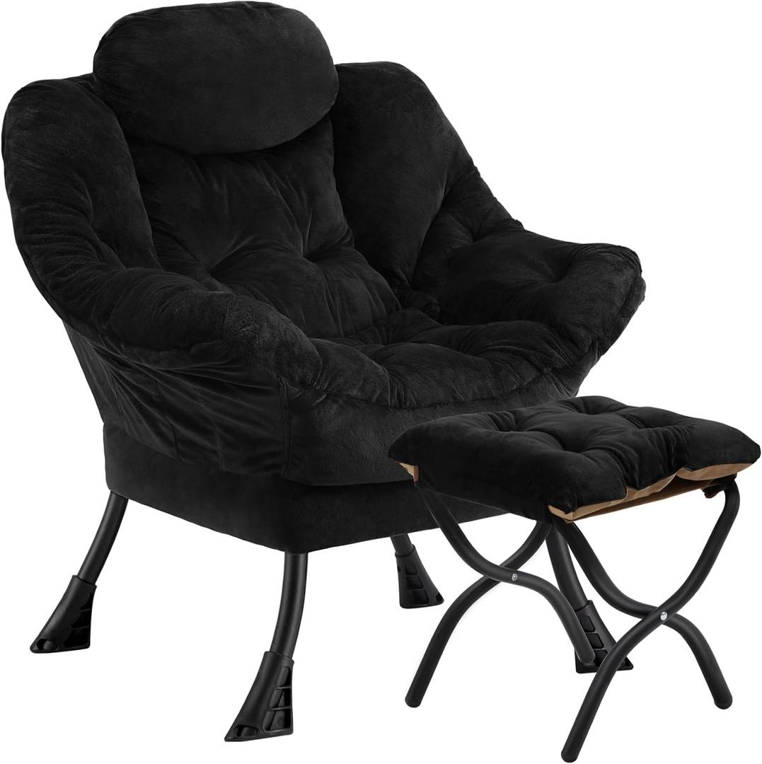 Lazy Chair with Folding Ottoman,Leisure Sofa Chair,Soft Fabric Armchair with Armrests and Side Pockets, Reading Chair with Footrest for Living Room, Bedroom, Office (Plush Black)