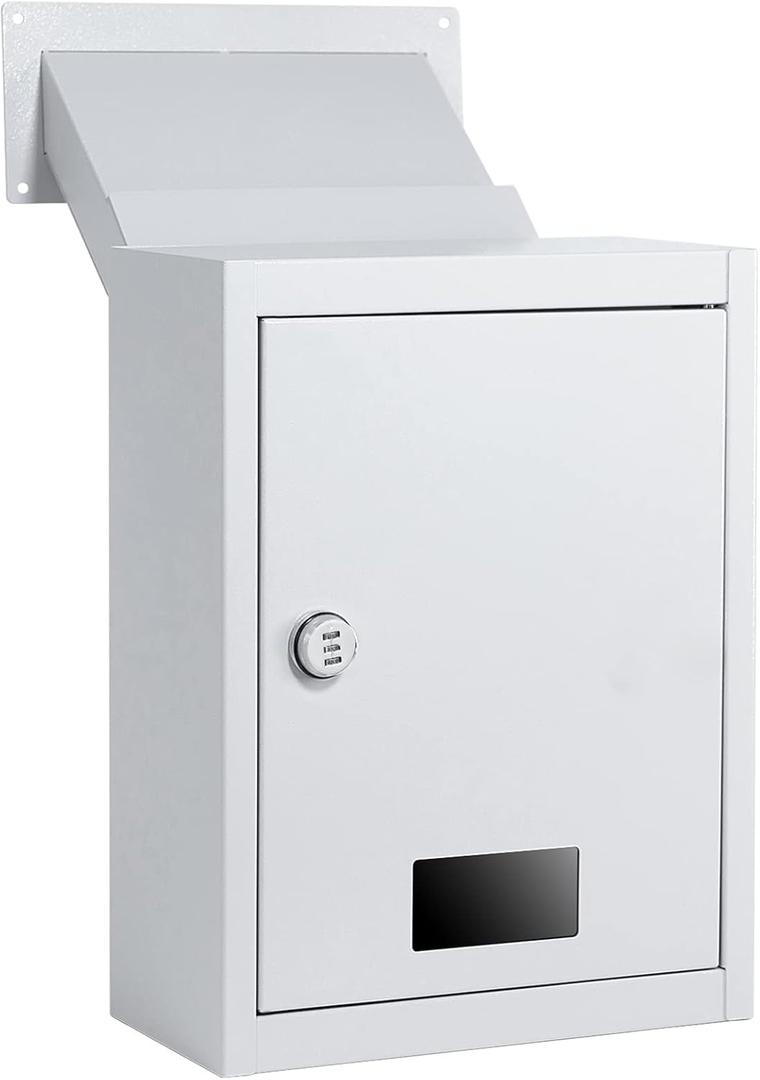 Through The Wall Drop Box with Combination Lock, 16.5" x 12.5" x 6" Adjustable Chute Deposit Safe Mail Box, Rainproof Mail Slots Walls Thickness 2.8 to 7.9 for Home Office Apartment (Gray)