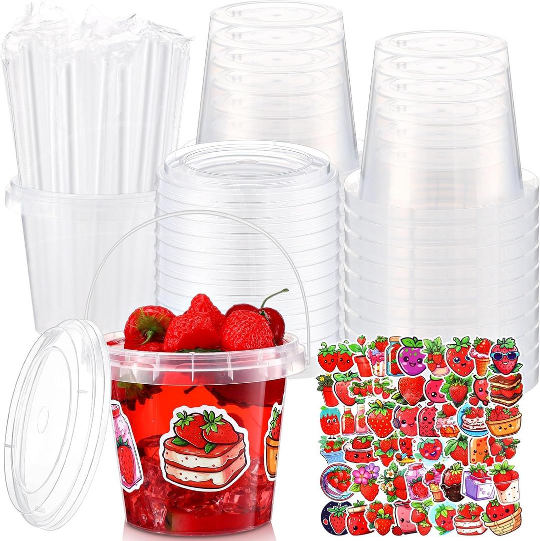 30 Sets Clear Plastic Cups 24 oz Ice Cream Buckets with Lids & Straws Disposable Drink Cups Cocktail Pails Bulk with Handles & Stickers for Holiday Outdoor Party Supplies(Strawberry)