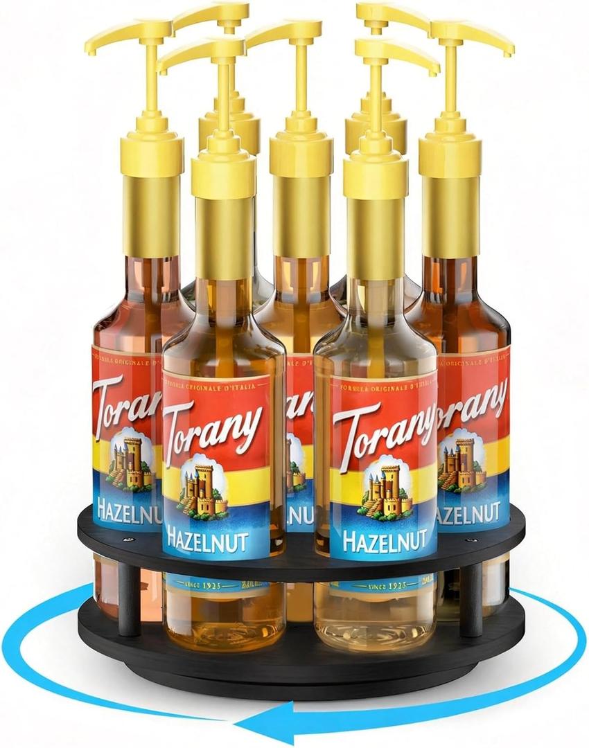 THYGIFTREE Rotating Coffee Syrup Organizer 7 Bottles Syrup Rack for Countertop Wood Syrup Bottle Holder Stand for Coffee Bar Station, Turntable Display Tray, Black