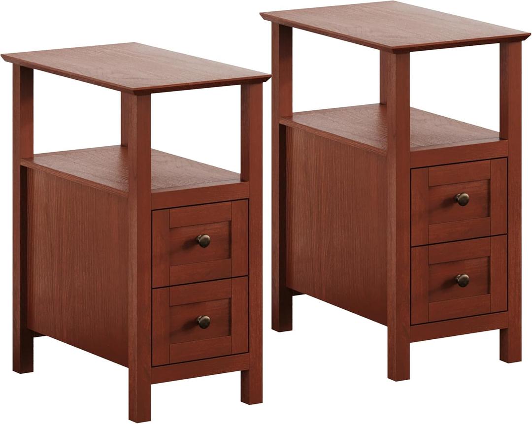 ChooChoo End Tables Living Room Set of 2, 3-Tier Narrow Nightstand with 2 Drawers, Slim Bedside Tables for Living Room, Bedroom, Small Space, Cherry Brown