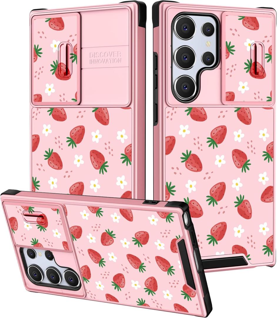 Buleens for Samsung Galaxy S25 Ultra Case - with Ring Stand & Camera Cover Aesthetic Cute Designed for Women Girls Girly Kawaii Strawberry Teen for Samsung S25 Ultra Phone Case Compatible with Magsafe