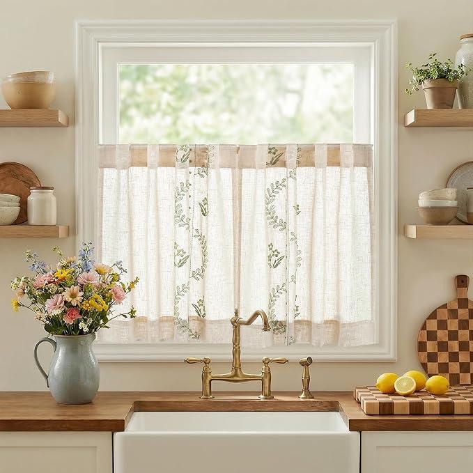 jinchan Green Floral Linen Kitchen Tier Curtains 24 Inch, 2 Panels
Embroidered, light filtering, back tab, rod pocket, farmhouse, rustic, cafe curtains, for bathroom living room small windows