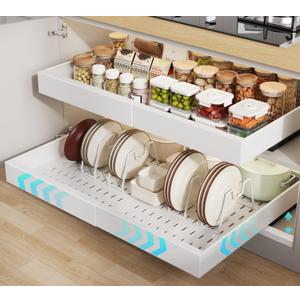 2 Pack Pull out Cabinet Organizer 21" Deep With Raising Pad for Framed Cabinets,Expandable (15.2"-26.3"W) Slide out Drawers for Kitchen Cabinets with 4pcs Divider Racks,Roll out Shelves,White