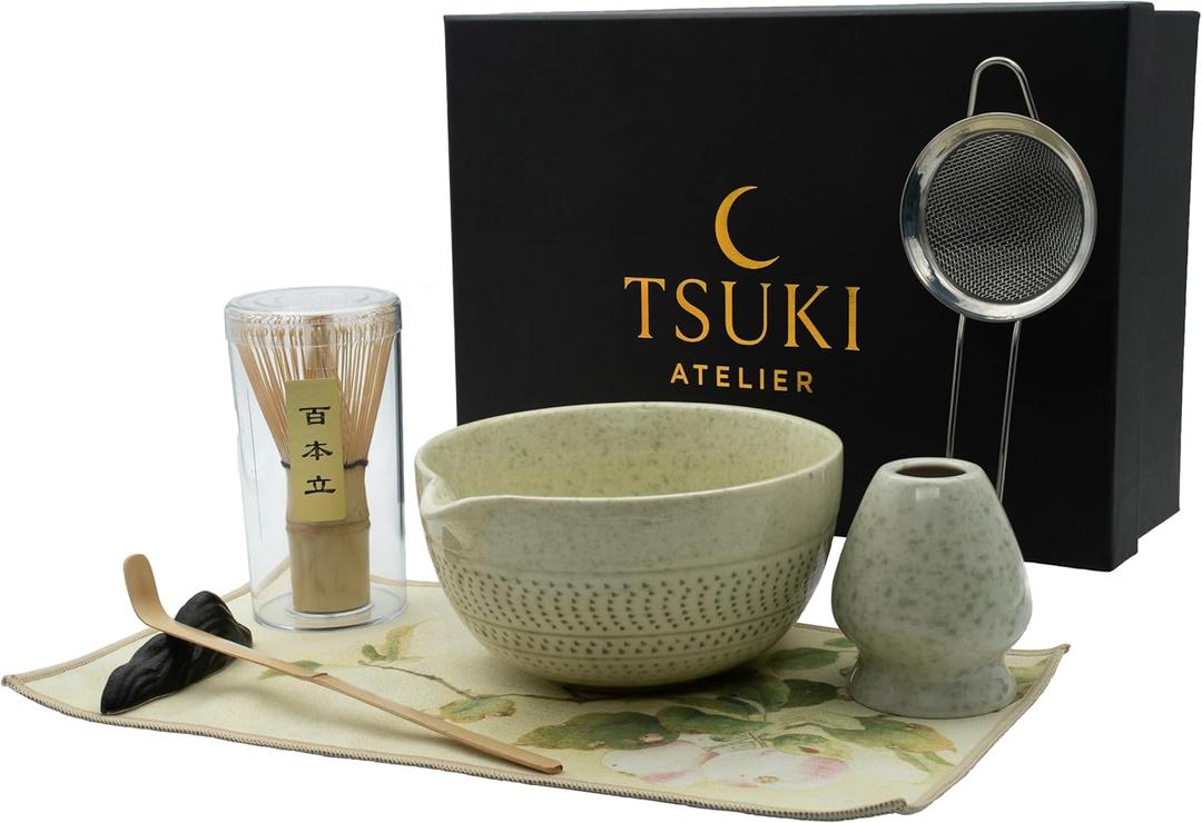 7 Pcs Matcha Whisk Set Matcha Kit - Ceramic Bowl, Bamboo Whisk & Holder, Scoop, Sifter, Scoop Rest & Tea Towel Elegant Matcha Kit for Tea Lovers, Home Decor & Zen Spaces (Green)