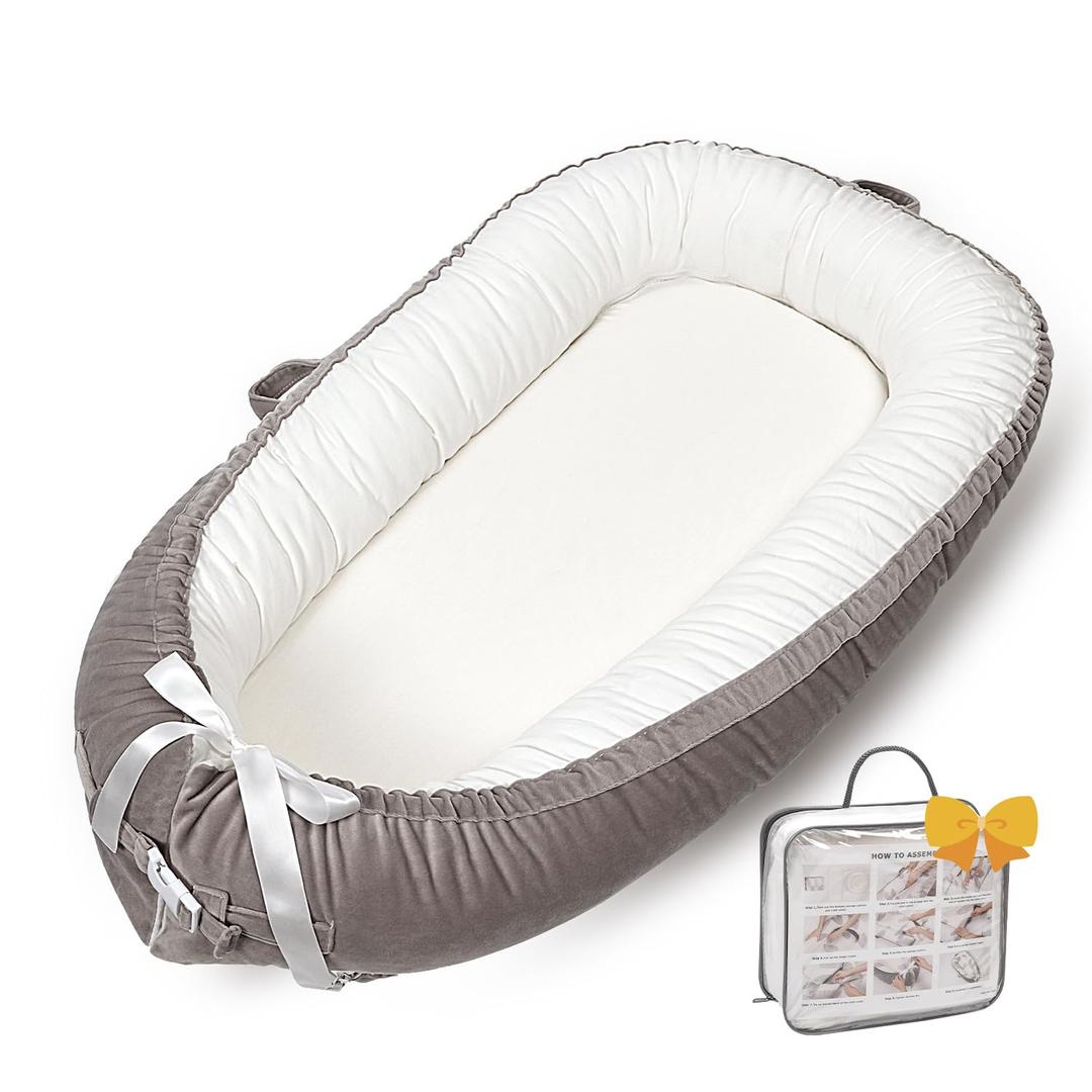 Baby Lounger-Breathable and Soft Organic 100% Cotton, Portable Infant Lounger with Removable Lounger Cover, Floor Lounger for Newborn - Grey White