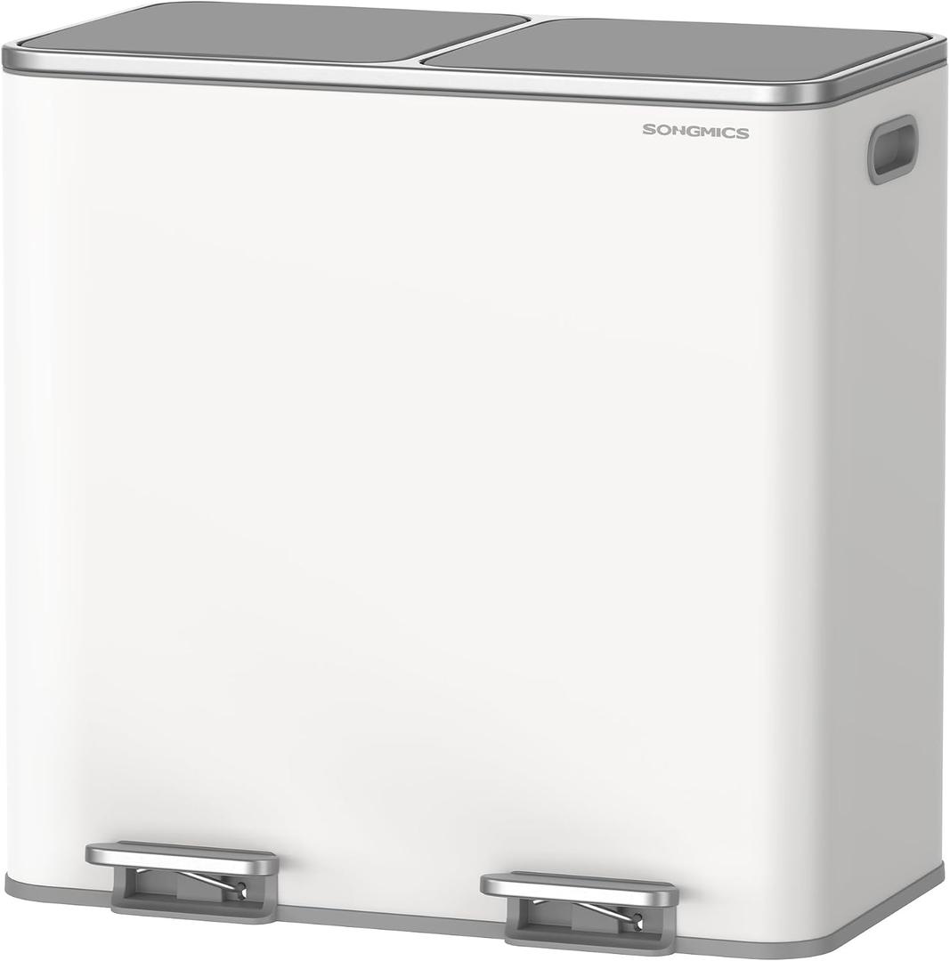 SONGMICS Trash Can, 2 x 10.6 Gallon (2 x 40 L) Garbage Can for Kitchen, with 15 Trash Bags, 2 Compartments, Plastic Inner Buckets and Hinged Lids, Airtight, White and Gray ULTB730W80