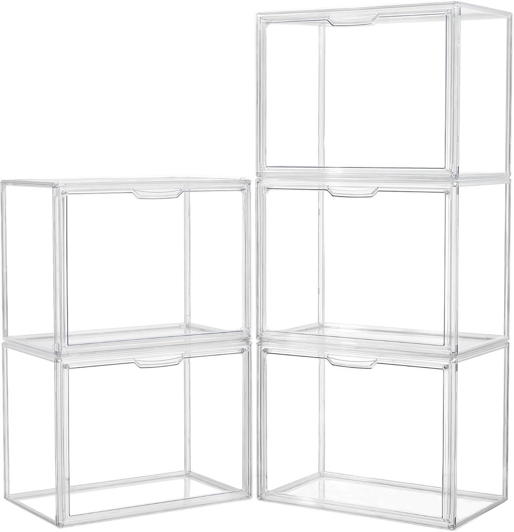 Acrylic Box Display Case, Clear Plastic Stackable Storage Bins with Magnetic Attraction Lid, Showcase for Cosmetic, Large Figures Collectibles (5 Pack, XLarge)