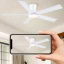 52 Inch White Flush Mount Ceiling Fan with Light, 3CCT Dimmable LED, 6-Speed Remote Control, Reversible Motor,Quiet Low Profile Energy-Efficient for Bedroom & Living Room,ETL Listed