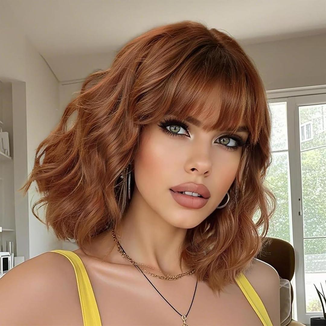 Auburn Wigs for Women Bob Wig with Bangs Short Curly Synthetic Shoulder Length Hair Wavy Natural Looking for Party Daily Use