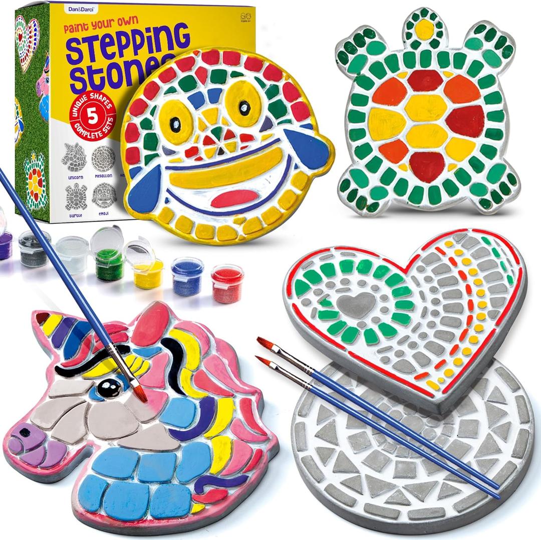Dan&Darci Stepping Stones Painting Kit for Kids - Outdoor Crafts - Paint 5 Garden Stone - Unicorn Craft Kits for Boys, Girls Ages 6-12 - Christmas Gifts for Boy, Girl Age 6, 7, 8, 9, 10 + Year Old