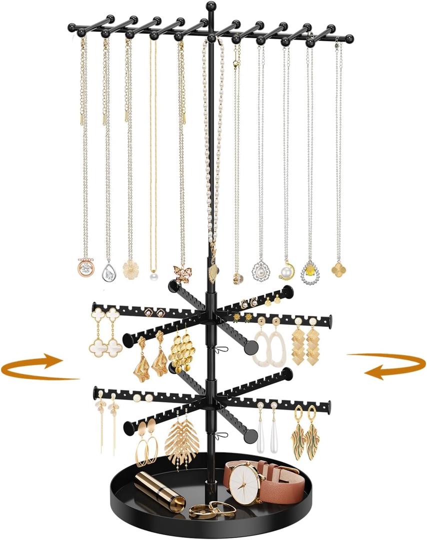iDavosic.ly 3 Tier Rotating Earring Holder Organizer with Storage Tray, Adjustable Metal Necklace Display Stands Tree with 22 Hooks, Large Jewelry Rack Tower for 96 Pairs of Stud, Black