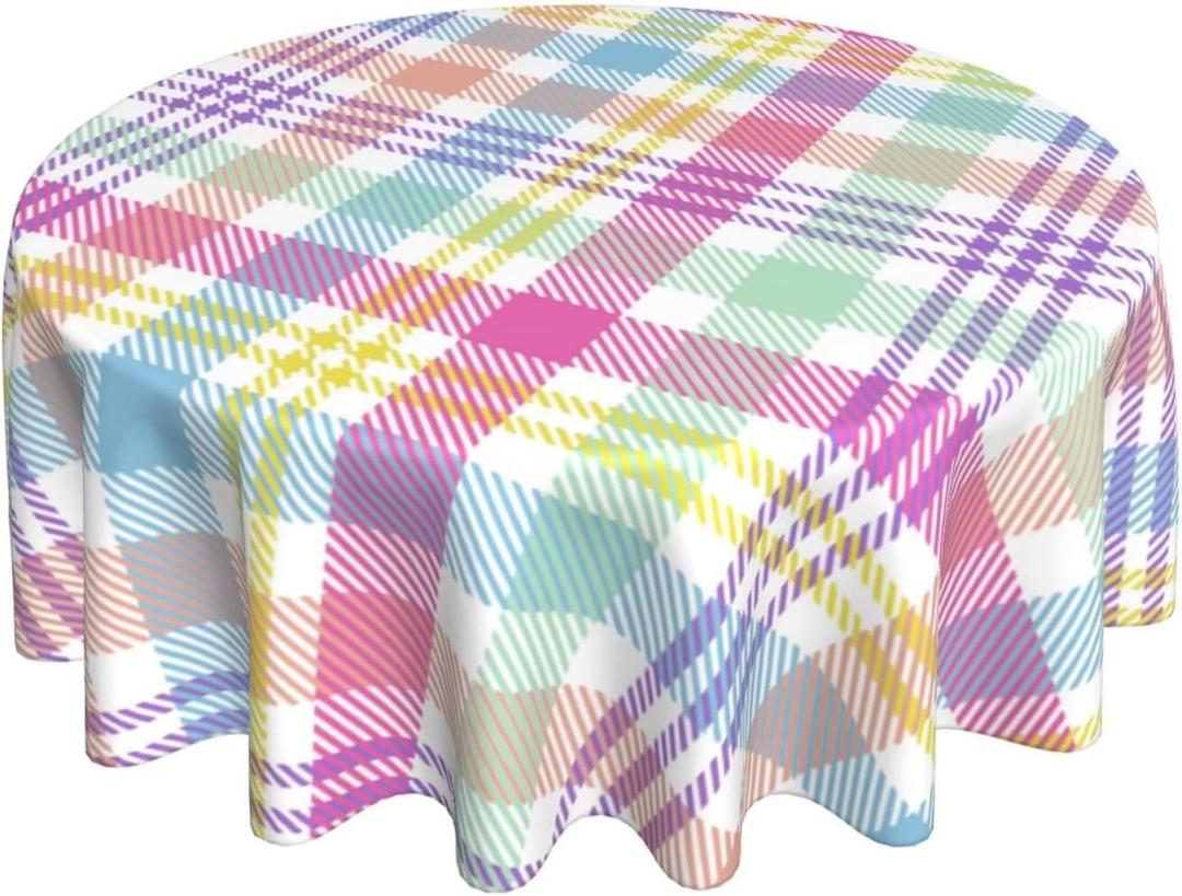 AEIOAE Spring Easter Tablecloth Round 70 x 70 Inch, Watercolor Buffalo Check Plaid Table Cloth Washable Spring Holiday Table Cover for Home Party Picnic Dinner Decor