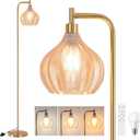 Gold Floor Lamp for Living Room, Modern Standing Lamp with Remote, Dimmable, 3CCT, Arc Tall Floor Lamp with Amber Glass Lampshade for Bedroom Study Room Office (Bulb Included)