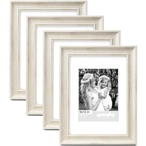 Yaetm 9x12 Picture Frame Matted to 6x8 Set of 4, 1.4 Wide Molding & Rustic White Photo Frames 9 x 12 with HD Tempered Glass for Wall Gallery, Home and Office, Wall Mount (4 pack, White)