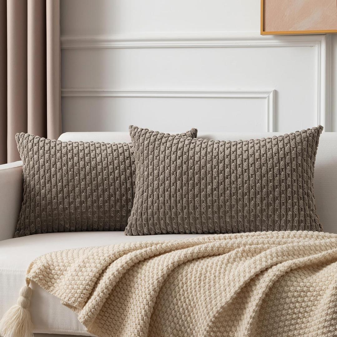 Kevin Textile Pack of 2 Light Brown Lumbar Decorative Throw Pillow Covers 12x20 Inch for Living Room Couch Soft Corduroy Rectangle Solid Cushion Case 30x50 cm Rustic Farmhouse Boho Home Decor