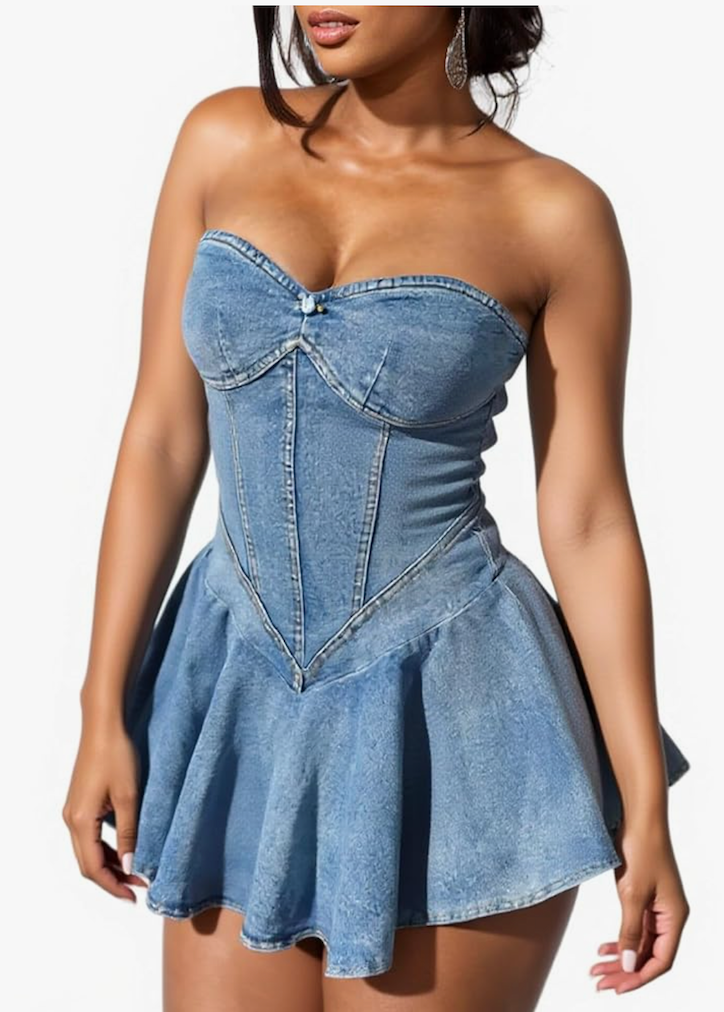 SHINFY Womens Summer Denim Dress Sexy Off Shoulder Strapless Bustier Corset Tube Pleated Mini Jean Dresses, Size Large