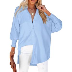 Womens Smocked Cuffed Striped Boyfriend Shirt Casual Collar Long Sleeve Oversized Button Down Blouse Tops with Pocket Shirred L