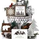 19 Pcs Winter Tiered Tray Decor Snowflakes Wood Rustic Decoration Tiered Sign Table Centerpieces Without Tray for Tabletop Shelf Winter Xmas Home Party Gifts(Ink Wonderland)
