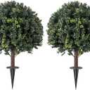 Artificial Topiary Ball Tree Outdoor Plants with Ground Spike 27" UV-Resistant Faux Shrubs, Eucalyptus Fake Plants for Indoor & Outdoor Use, Yard, Porch, and Patio Decor