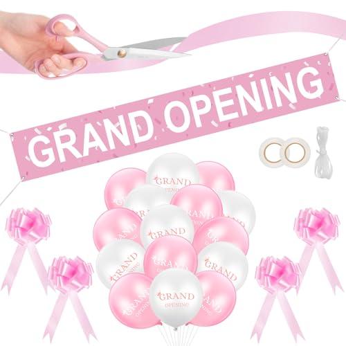 Grand Opening Ribbon Cutting Ceremony Kit Grand Opening Banner Decorations with 10'' Scissors 40 Pcs Balloons Satin Ribbon Bows and More Supplies for Business Events(Pink)