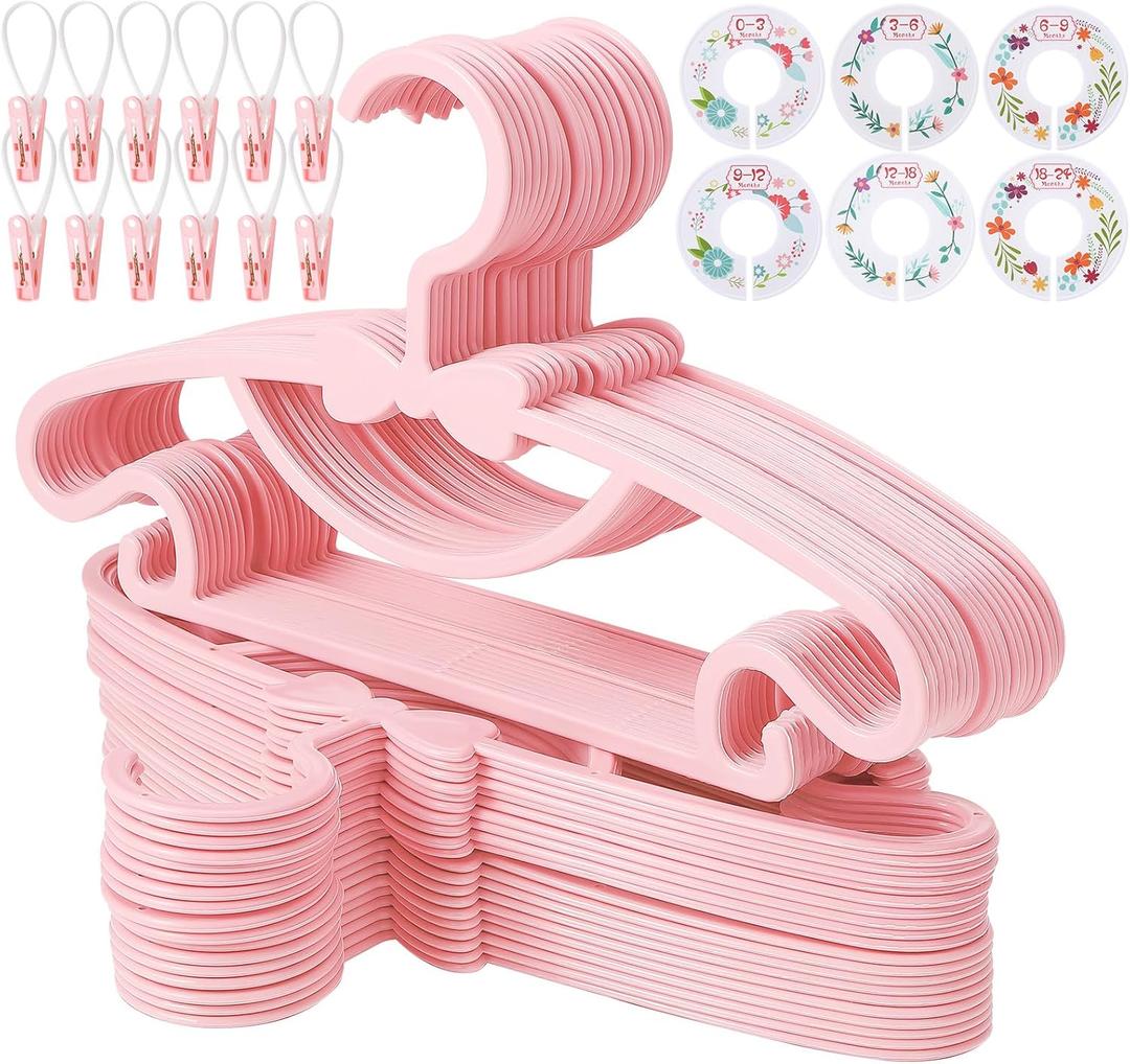 50 Pack Pink Baby Hangers Plastic Baby Clothes Hangers with Clips Non-Slip Ultra-Thin Kids Infant Coat Hanger for Newborn Toddler Clothes