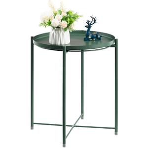 HollyHOME Round Metal Side Table, Outdoor Small Folding Accent Stand with Removable Tray, 17.72'' Portable End Table for Balconies, Gardens, Living Rooms and Bedrooms, Atrovirens