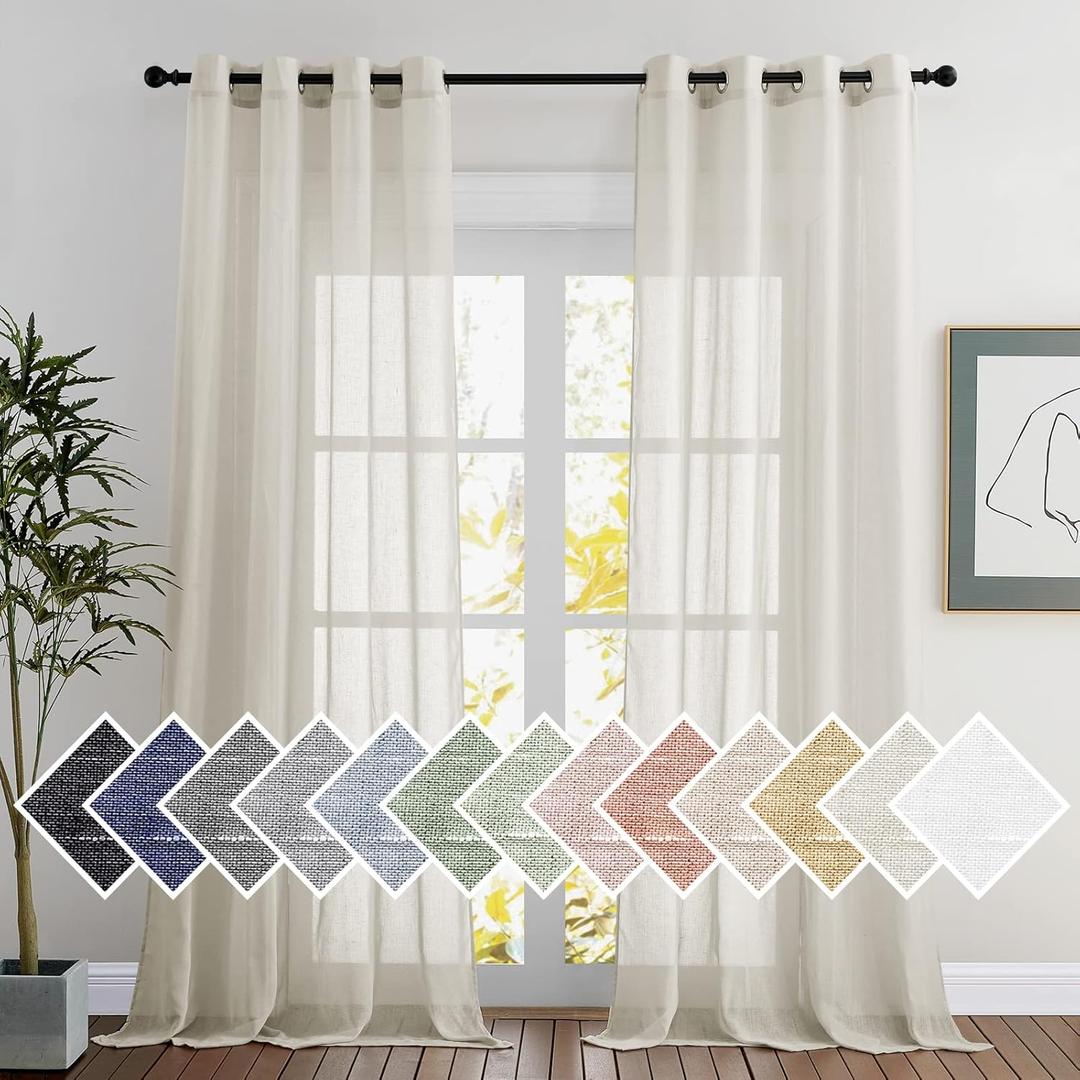 NICETOWN Flax Sheer Linen Curtains for Windows 96 inch Length, Grommet Semi Sheer Vertical Drapes Privacy with Light Filtering for Bedroom/Living Room, Natural, W52 x L96, 2 Pieces (52"W x 96"L (Pack of 2))