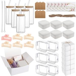 6 Sets Bridesmaid Proposal Presents, Wedding Present Set, Includes 16.9 oz Glass Cups, Jewelry Boxes, Makeup Bags, Cards, Hair Clips, Tags, and White Present Boxes, Maid of Honor Presents