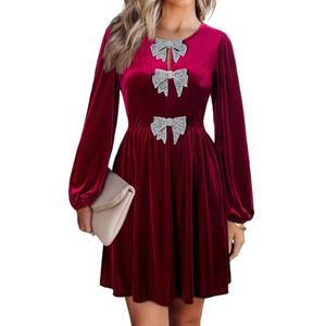 Happy Sailed Women’s Velvet Dress Semi Formal Long Sleeve High Waisted Cocktail Mini Dress Night Out Burgundy, L