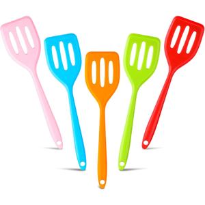 5 Pack Small Silicone Spatula Mini Rubber Turner High Heat Resistant Slotted Egg Fish Spatula Flipper Small Pancake Turner Mini Serving Cooking Kitchen Utensils (Red Blue Green Orange Pink)