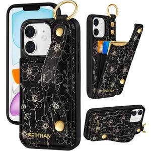 Petitian for iPhone 11 Wallet Case - Women Girls Cute Girly Aesthetic Unique Design Leather Credit Card Holder Phone Cover Stand Wristband for iPhone 11, Line Floral