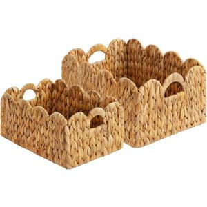 Set of 2 Scalloped Edge Wicker Storage Basket with Built-in Handles, Rectangle Water Hyacinth Basket for Organizing, Decorative Woven Rattan Basket for Shelf, Nursery Room