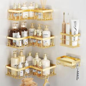 Liuoud Corner Shower Caddy 5 Pack, Rustproof Stainless Steel Shower Organizer with Soap Rack Toothbrush Holder, Large Capacity Adhesive No Drilling Bathroom Kitchen&Home Decor Set, Gold