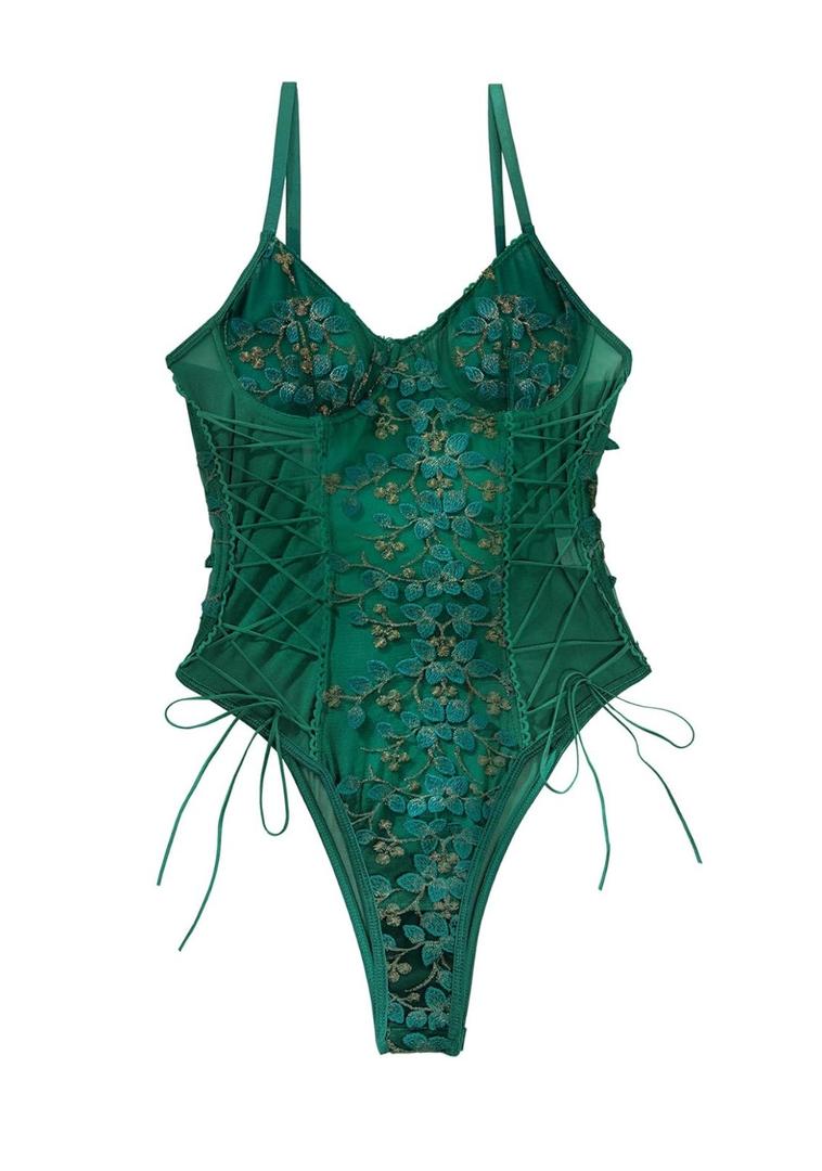 Lilosy Women Sexy Lace Up Floral Embroidered Teddy Lingerie Bodysuit Top Mesh Sheer One Piece L