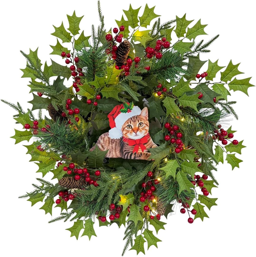 Lnymura 24 Inch Lighted Christmas Wreath Cat Sign Wreath with Timer Cedar Branches Pine Needles Red Berries and Holly Leaves Christmas Dcor Holiday Hanging Decoration for Door Wall Mantel