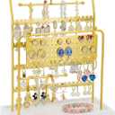 Jewelry Organizer Stand Metal Jewelry Display Rack with Wooden Tray Necklace Stand Partitioned Storage for Rings, Earrings and Bracelets Jewelry Rack(Gold)