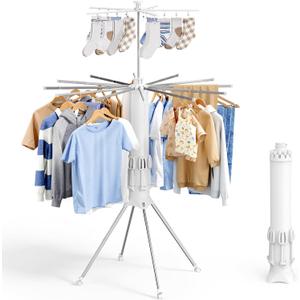 Sakugi Foldable Clothes Drying Rack – Collapsible Laundry Rack with 12 Steel Arms, 4-Leg Stable Base, Reinforced Frame with Clips & Shoe Holders for Indoor Outdoor Use, 44" D x 44" W x 71" H, White