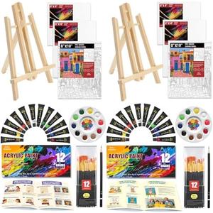 2 Pack Painting Set for Couples or Family Groups, 62 PCS Paint Set with 2 Table Easels,24 Acrylic Paints,6 Pre-Drawn & Blank Canvases for Painting,24 Brushes,2 Pencils,2 Palettes and Painting Guides