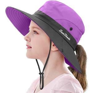 LCZTN Kids Ponytail Sun Hat Wide Brim UV Protection for Girls Beach Bucket Cap (Medium, Purple)