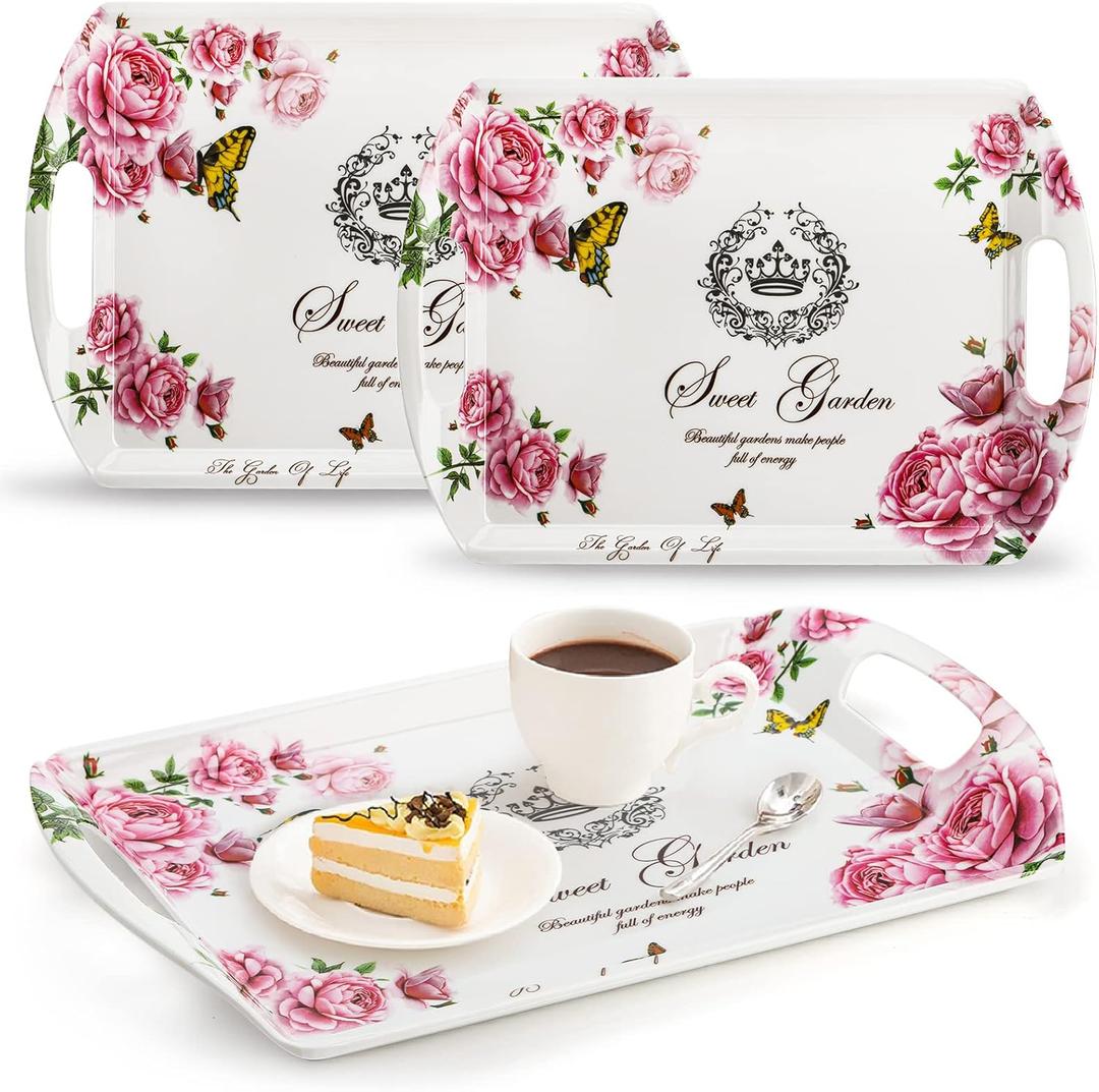 ZEAYEA 3 Pack Melamine Serving Tray, Large Serving Platter with Handle for Eating, 16" x 11.4" Rectangular Stackable Food Tray with Floral Print for Home, Party, Restaurant, Picnic