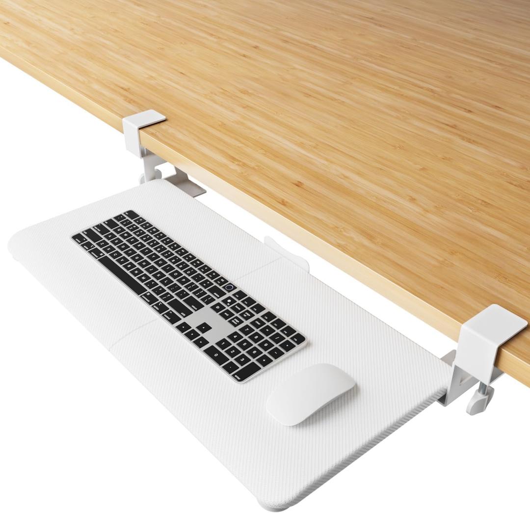 Large Keyboard Tray Under Desk Pull Out with Extra Sturdy C Clamp Mount System, 26'' (30'' including Clamps) x 11 Inch Steady Slide-Out Platform Computer Drawer for Typing (White)