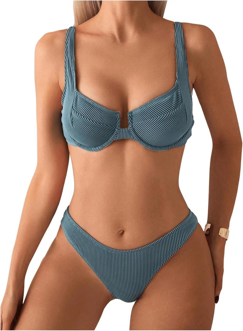 SweatyRocks Women's 2 Piece Bikini Set Striped Print Spaghetti Strap Push Up Swimsuit (Medium, Dark Green)