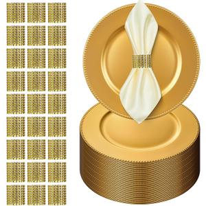 100 Pcs Gold Charger Plates with Napkin Rings Set Include 50 Gold Beaded Charger Plates 50 Napkin Rings, 13 Inch Plastic Round Chargers for Dinner, Wedding, Birthday, Party, Banquet, Table Setting, Large