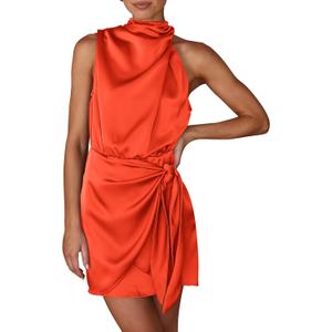 PRETTYGARDEN Women's Short Formal Satin Dress Summer Sleeveless Mock Neck Tie Waist Cocktail Party Dresses (XX-Large, Orange) PRETTYGARDEN Women's Short Formal Satin Dress Summer Sleeveless Mock Neck Tie Waist Cocktail Party Dresses (XX-Large, Orange)